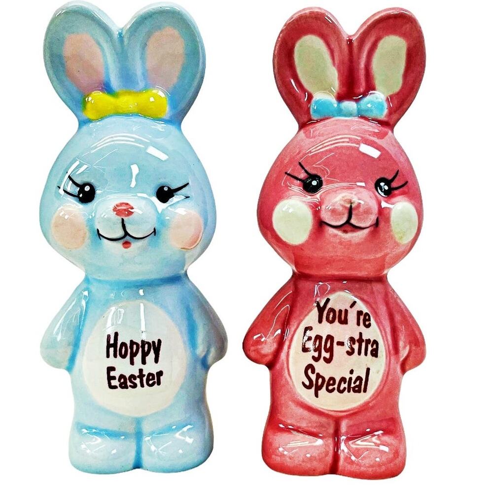 VTG Russ Bunny Rabbits 3.5" Blue Pink Pair Happy Easter Egg-stra Special Korea